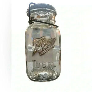 Vintage Ball Ideal Quart Clear Glass Canning Jar with Wire Bail And Glass Lid
